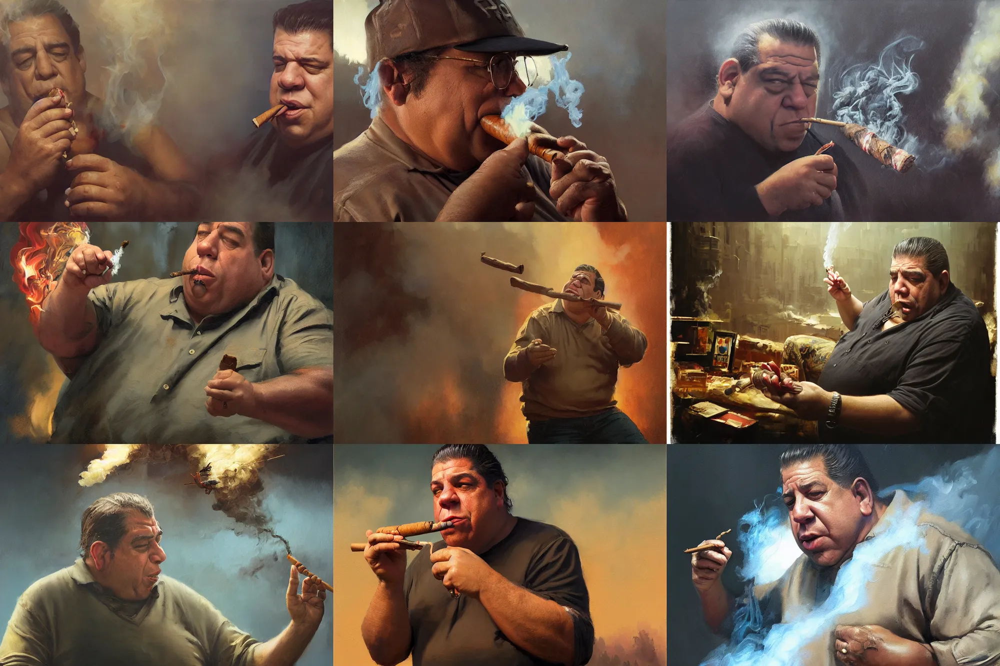 Prompt: an oil painting of uncle joey diaz smoking a cuban cigar blunt, on stage, ultra realistic, highly detailed, masterpiece, cinematic by greg rutkowski, frank frazetta, beeple, christian macnevin, beeple, wlop, krenz cushart, epic fantasy character art, volumetric lighting, cgsociety