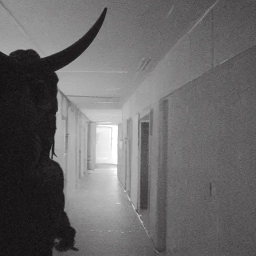 Image similar to hi - 8 night vision camera footage of a barely visible, bipedal minotaur with shrouded in darkness at the end of an extremely dark hallway