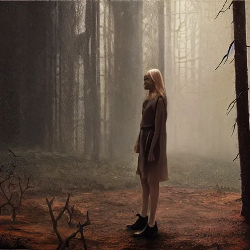 Prompt: Elle Fanning in the cultist woods in the world of Adam Wyeth, head and shoulders, stormy weather, extremely detailed masterpiece, oil on canvas, low-key neon lighting, artstation, Blade Runner 2049, Roger Deakin’s cinematography, by J. C. Leyendecker and Peter Paul Rubens and Edward Hopper and Michael Sowa,