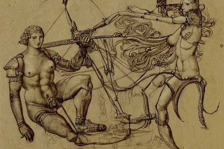 Image similar to Vintage, detailed, sketch of the goddess artemis aiming a bow at a cyborg deer. Art style of Leonardo da Vinci