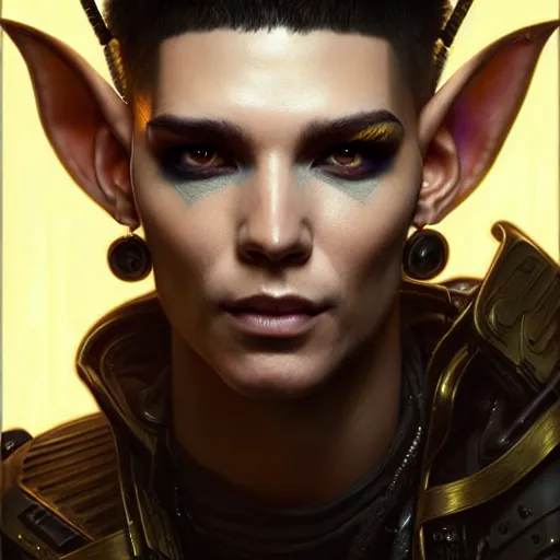 Image similar to portrait painting of a cyberpunk elf mercenary bill kaulitz, ultra realistic, concept art, intricate details, eerie, highly detailed, photorealistic, octane render, 8 k, unreal engine. art by artgerm and greg rutkowski and charlie bowater and magali villeneuve and alphonse mucha