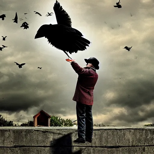 Image similar to A clown on the roof of the church playing with crows, futurist, digital art, dramatic lighting, symbolic