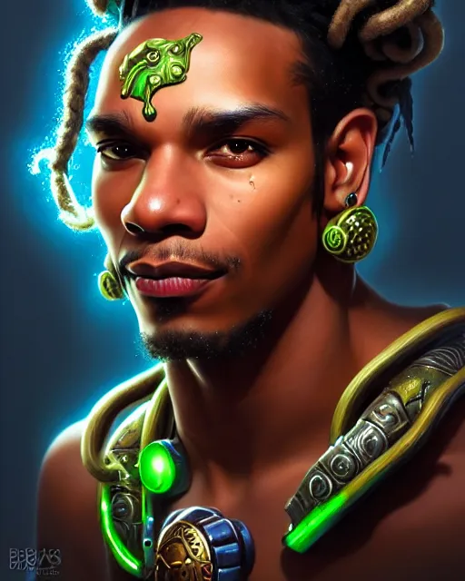 Image similar to lucio from overwatch, dreadlocks, fantasy, fantasy art, character portrait, portrait, close up, highly detailed, intricate detail, amazing detail, sharp focus, vintage fantasy art, vintage sci - fi art, radiant light, caustics, by boris vallejo