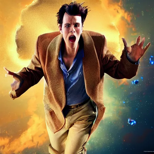 Image similar to hyperrealistic film still of ace ventura pet detective violently exploding in space, stunning 3 d render, inspired by istvan sandorfi & greg rutkowski & unreal engine, perfect symmetry, dim volumetric cinematic lighting, 8 k octane comprehensive render, extremely hyper - detailed, incredibly lifelike attributes, intricate, real flesh texture, masterpiece, artstation, stunning,