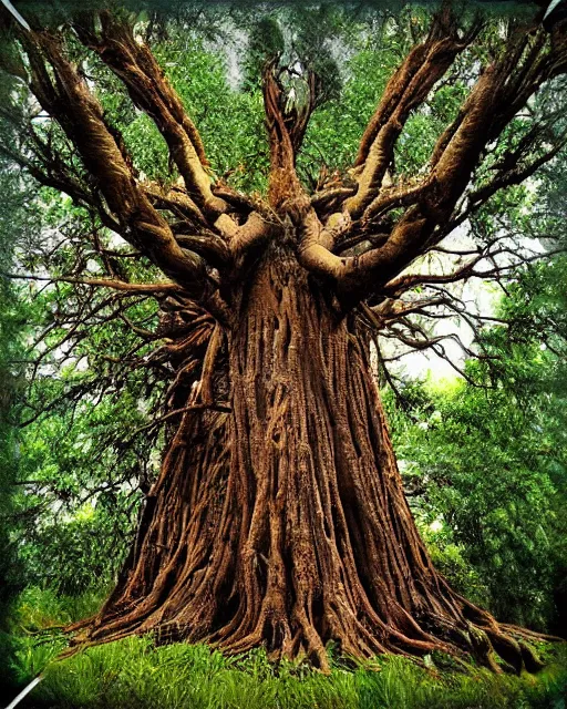 Image similar to a surreal yet plausible iphone photo of an ancient tall tree with multiple kinds of hybrid fruits and vegetables growing from it, SCP-777 the ultimate chimera tree of cornucopia, CGSociety, by James Gurney