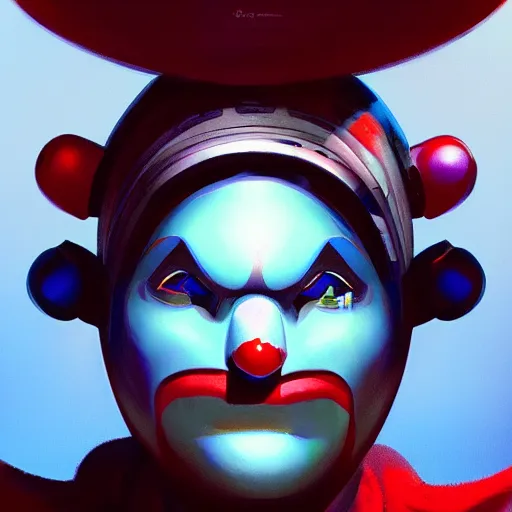 Image similar to concept art of robot clown by jama jurabaev, brush hard, artstation, cgsociety, high quality, brush stroke