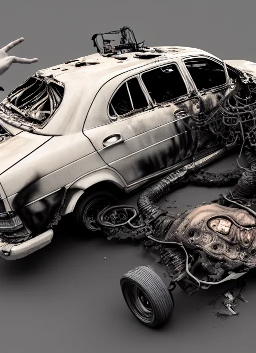 Image similar to a big woman intertwined axolotl in burning wrecked mercedes 1 2 4, ultrafine hyperdetailed illustration by kim jung gi, masterpiece. rendered in blender, ultra realistic, smooth shadows, ultra detail, high resolution, cinematic, unreal 6, 8 k