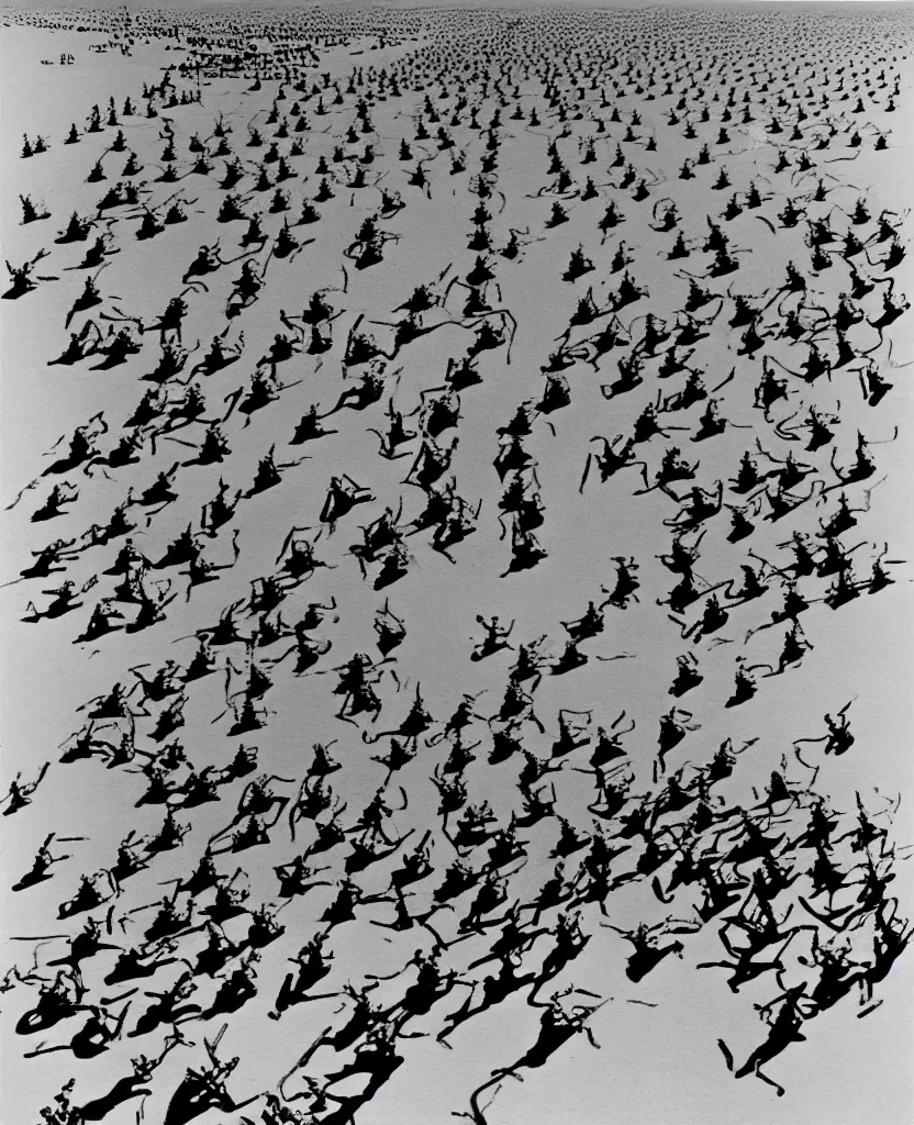 Image similar to a beautiful painting of bombs and soldiers on desert in el alamein battle, wwii, black and white, painted by escher, disorder