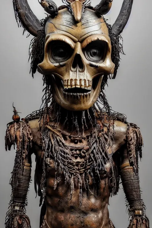 Image similar to photo taken of an epic intricate, ultra detailed, super realistic gritty, hero prop, exquisitely weathered animatronic movie prop of a lifelike sculpture of a tlaloc the god of the death creature displayed in the workshop, created by weta workshop, full body shot, photorealistic, sharp focus