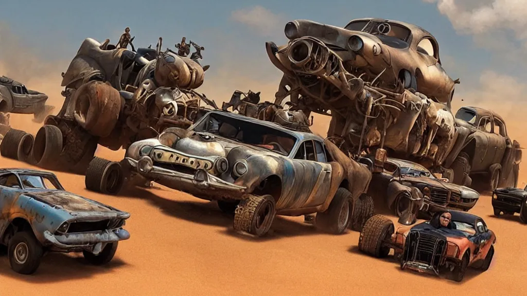 Image similar to mad max cars in a pixar disney movie