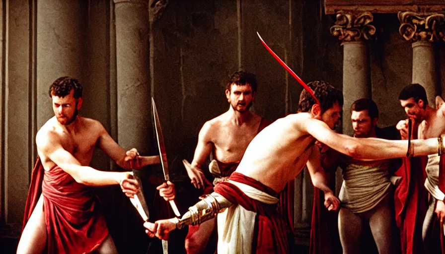 Prompt: movie still close - up by of men murdering caligula with daggers in a neoclassical room, cinestill 8 0 0 t 3 5 mm, high quality, heavy grain, high detail, dramatic light, ultra wide lens, anamorphic, blood, bleeding