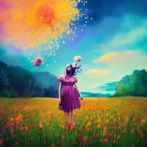 Image similar to girl with an exploding flower for a head, surreal photography, dream, standing in flower field, magical, in a valley, sunrise dramatic light, impressionist painting, colorful clouds, artstation, simon stalenhag, flower face