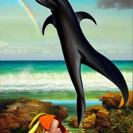 Image similar to a hyper realistic painting of the grim reaper on the back of a dolphin that is jumping over a rainbow, by james c christensen,