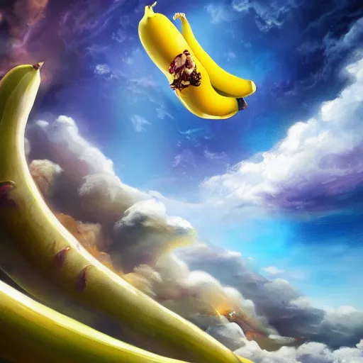 Image similar to a stunning wide angle view a banana jumping from a cliff into space, highly detailed clouds, artistic composition, sharp focus, intricate concept art, digital painting, colorful flat surreal design, hd, 8 k, artstation, ambient lighting