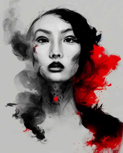 Prompt: black red ink smoke portrait, by WLOP and tony sart, artstation