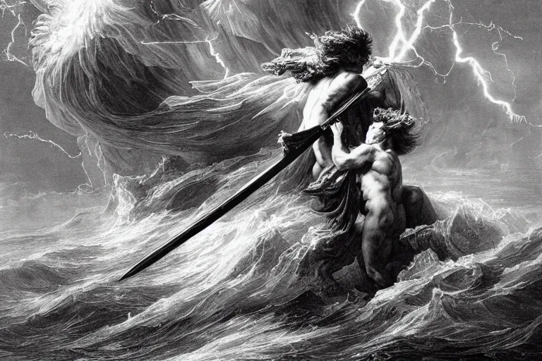 Prompt: highly detailed and cinematic romantic, edge of the universe, the great roman demigod with a gladius, symmetrical face, magical, roman myth, masterpiece, crashing waves, lightning, highly detailed painting by gustave dore