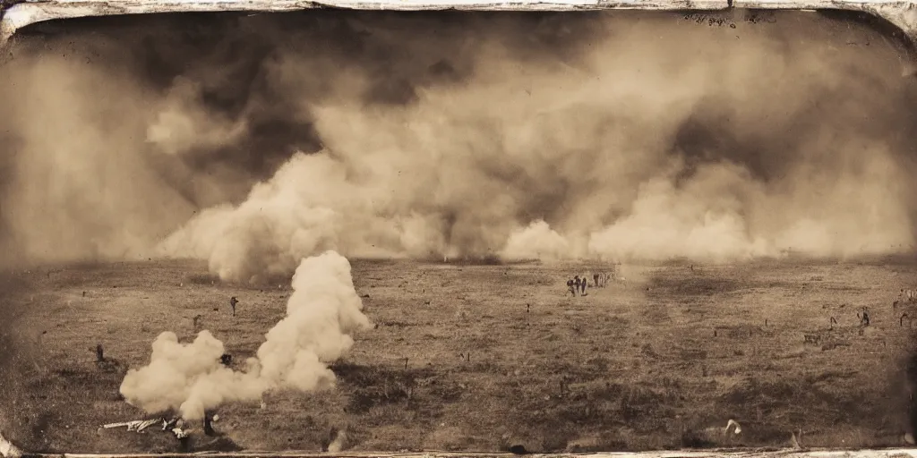 Image similar to large scale battle, human wave tactics, open field, shots fired, explosions, clouds of smoke, fireballs, aerial view, extreme long shot, tintype photograph