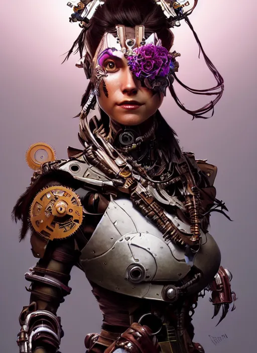 Prompt: portrait of mileena, robot steampunk, floral! horizon zero dawn machine, intricate, elegant, highly detailed, ray tracing, digital painting, artstation, concept art, smooth, sharp focus, illustration, art by artgerm and greg rutkowski and alphonse mucha, 8 k