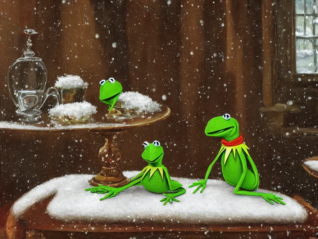 Image similar to Kermit the frog sits as it snows in the interior of a bourgeoise room, Still life with snow.