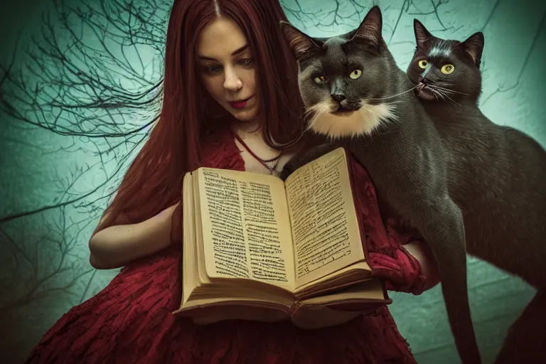 Image similar to romantic photo of bright girl, her cat and her book of necronomicon, symmetrical, cinematic, real dlsr photography, sharp focus, 4 k, ultra hd, sense of awe, sinister demonic atmosphere, dreadful, forbidden knowledge, old gods, cthulhu, yog - sothoth! yah, yah, yah! cultist journal cover