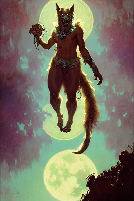 Image similar to pearlescent turquoise moon, wolf monster, character design, painting by gaston bussiere, craig mullins, greg rutkowski, alphonse mucha, trending on artstation