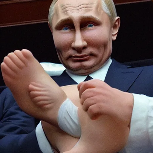 Prompt: a picture of putin, putin has legs the size of a baby's legs, hes wearing a diaper, super detailed, hyper realistic.