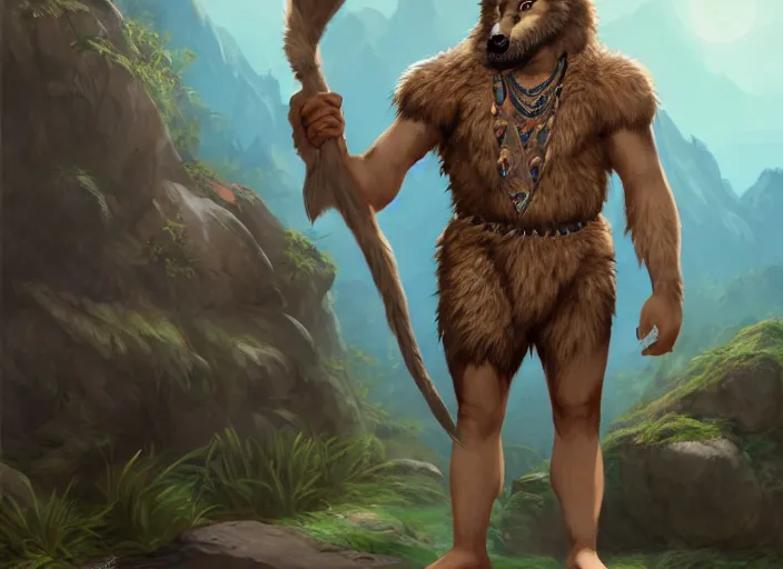 Prompt: burly character portrait feature of the anthro male anthropomorphic wolf fursona animal person wearing tribal primitive caveman outfit belt standing in the entrance to the cave, center framed character design stylized by charlie bowater, ross tran, artgerm, makoto shinkai, detailed, soft lighting, rendered in octane