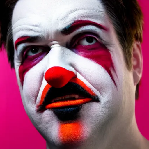 Image similar to UHD candid color photo of Craig Wright in a straight jacket, wearing accurate clown makeup, accurate faces, UHD, photorealistic, correct face, photo by Annie Leibowitz