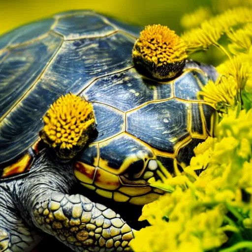 Image similar to a picture of a turtle hugging a flower, vivid colours, depth of field, 50mm