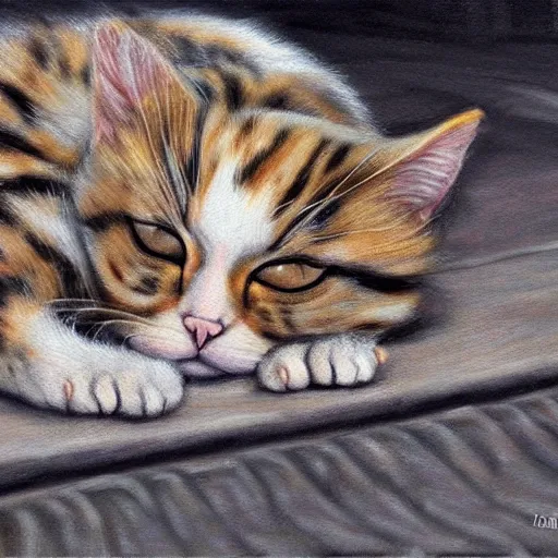 Prompt: realistic painting of a cat sleeping on a sidewalk at midnight highly detailed trending on art station