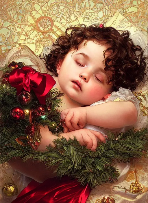 Prompt: baby with short wavy curly hair, asleep at christmas. surrounded by gifts. high quality detailed face. beautiful painting by artgerm and greg rutkowski and alphonse mucha