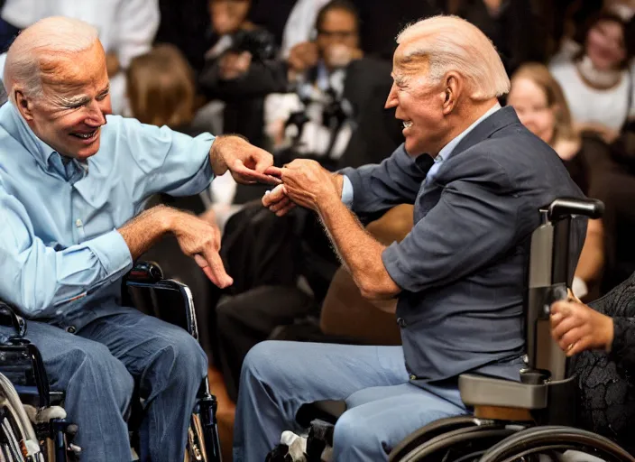 Image similar to Biden in a wheelchair getting spoon-fed by obese black woman, award winning cinematic photography, 50 mm, blurred background, trending on twitter