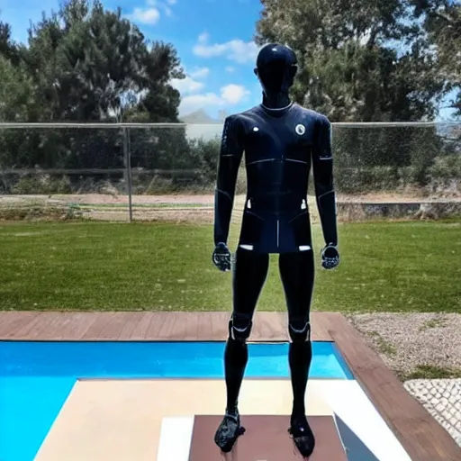 Image similar to a realistic detailed photo of a guy who is an attractive humanoid who is half robot and half humanoid, who is a male android, soccer player martin ødegaard, shiny skin, posing like a statue, blank stare, by the pool, on display, showing off his muscles, mannequin stand