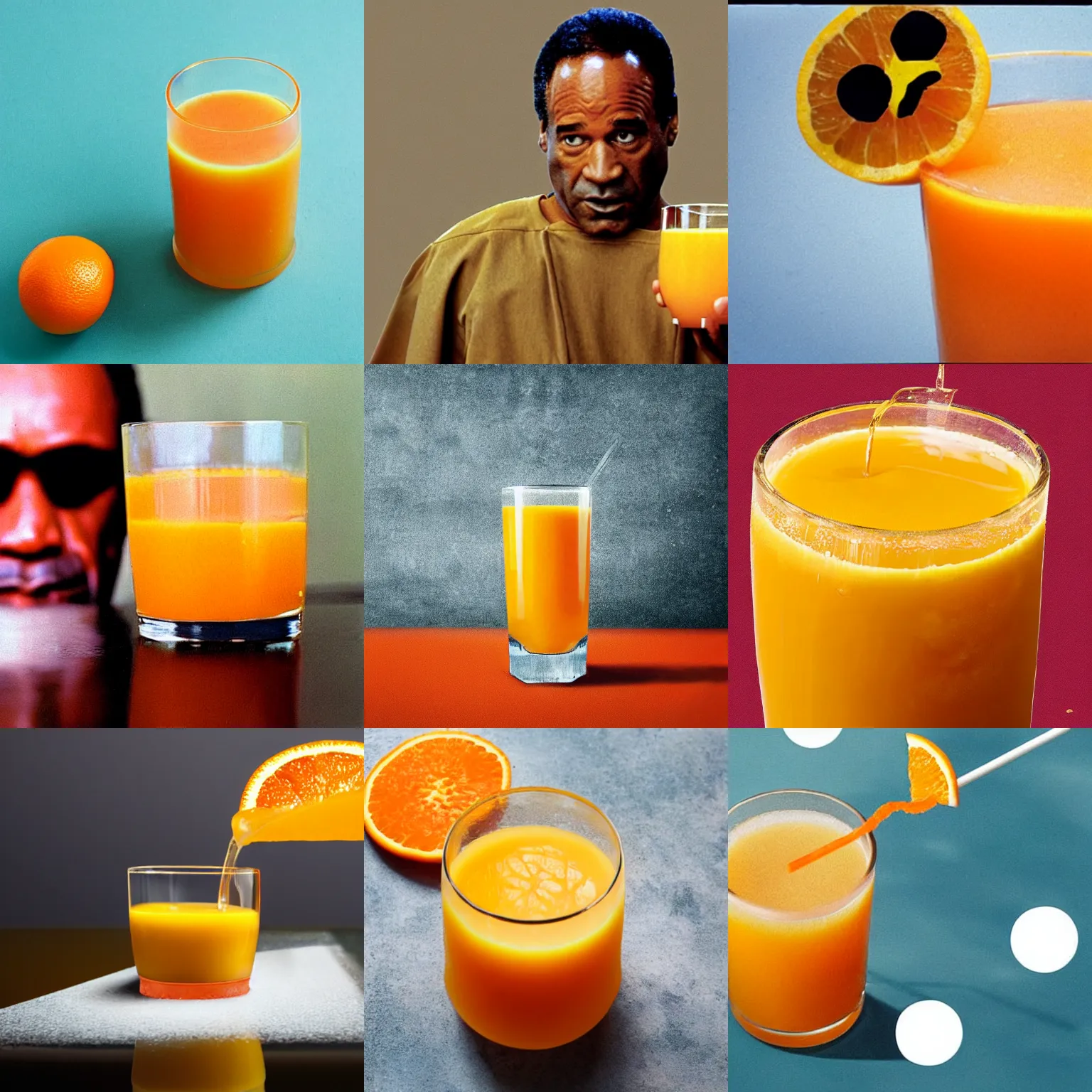 Prompt: ( shrunk down o j simpson ) floating in orange juice floating in [ a glass of orange juice ]