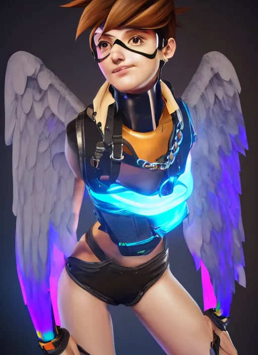 Image similar to fullbody digital artwork of tracer overwatch, wearing black iridescent rainbow latex tank top, 4 k, expressive happy smug expression, makeup, in style of mark arian, angel wings, wearing detailed black leather collar, chains, black leather harness, detailed face and eyes,