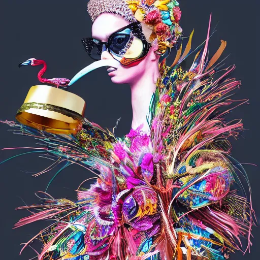 Image similar to of a woman with a strange headpiece, alexander mcqueen flamingo baroque, panfuturism, made of clocks, made of flowers, made of long feathers, hybrid, extravagant, retro futuristic, bold natural colors, masterpiece, trending on artstation, photography h 7 6 8