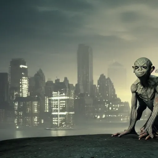 Image similar to gollum taller than the buildings in new york, by peter jackson, photographic still, intense, at night