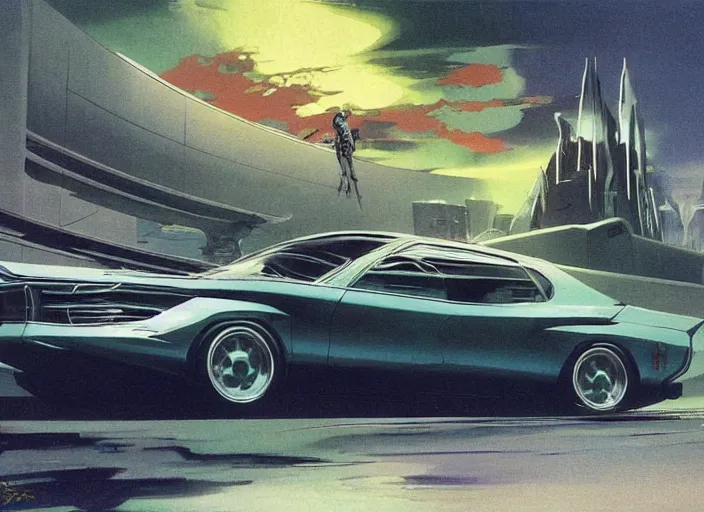 Image similar to a sport sedan car in a future city. style by frank frazetta, peter elson, and eyvind earle.