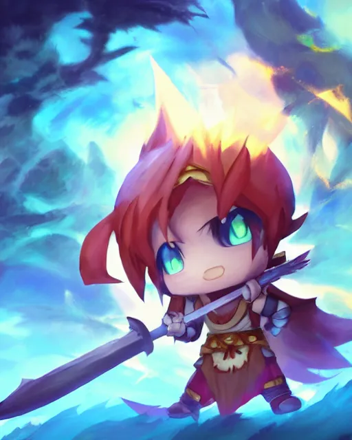 Image similar to oil painting of a cute chibi MapleStory warrior,, attacking, casting a spell with a spear, wearing a MapleStory warrior outfit, sharp focus, fantasy style, octane render, volumetric lighting, 8k high definition, by greg rutkowski, highly detailed, trending on artstation, magic the gathering artwork, Perion background from MapleStory, centered