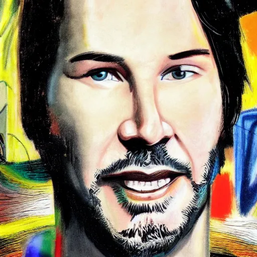 Image similar to portrait of keanu reeves in the style of roberto matta