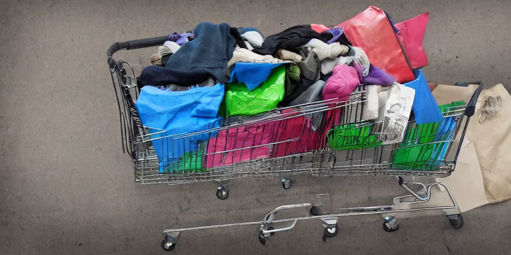 Image similar to a homeless person's shopping cart filled with dirty belongings, photorealistic