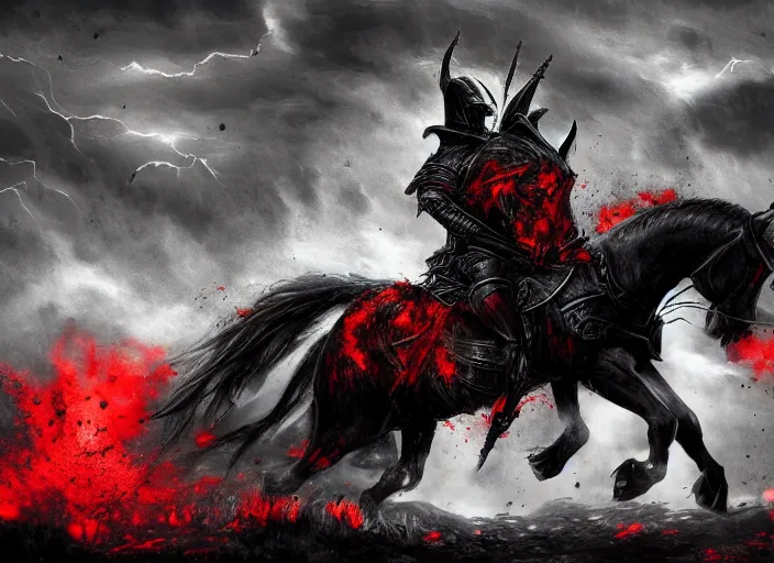 Image similar to a menacing knight in full plate of black armor, splattered with blood, riding a large black war horse, with red glowing eyes flowing red mane and tail, blackened clouds cover sky, crackling with lightning, a castle in distance burns, the ground is wet and cracked, d & d, fantasy, highly detailed, digital art, illustration,