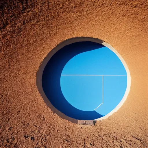 Prompt: a Non-Euclidean clay building sitting in the desert, vintage photo, beautiful cinematography, blue sky, film grain, aerial view, extreme wide shot, far away, symmetrical, in the distance, James Turrell