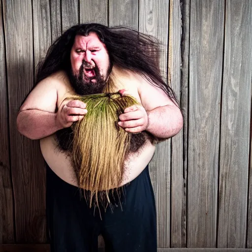 Image similar to a photo of a very hairy and angry very fat man with long hair holding a 1 m long yam