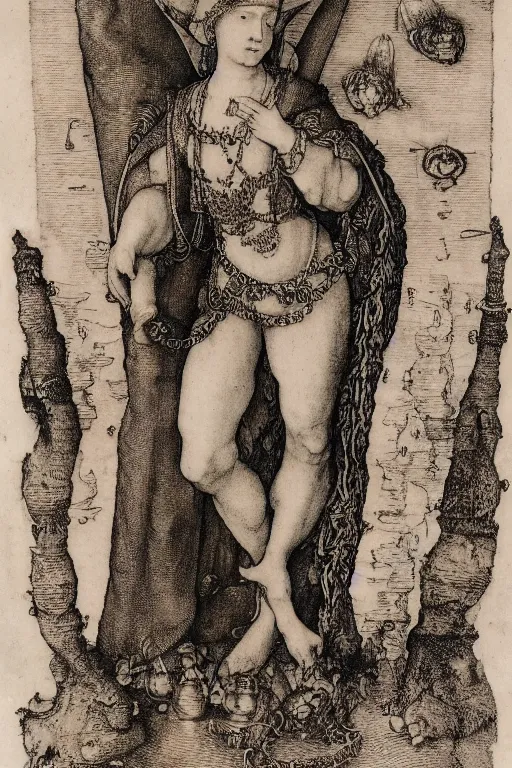 Image similar to albrecht durer, albrecht altdorfer, hans holbein, lucas cranach, gustave dore, engraving-style tattoo of regal female boddhisatva with the attributes of Diana, Athena, Guanyin, Shakti, Isthar, Deborah, and Seshat, wearing a robe, standing gracefully upon a lotus, surrounded by egrets and northern wetland flora