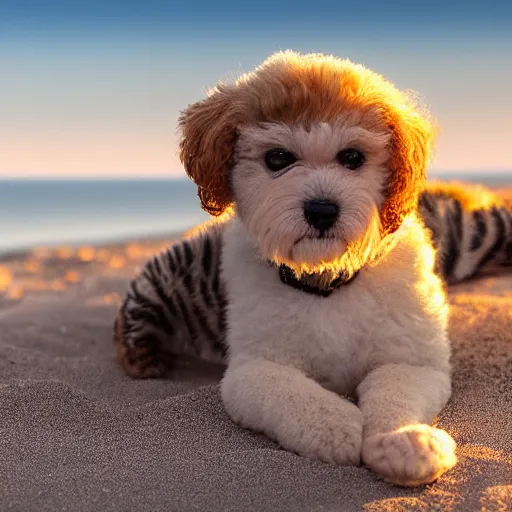 Image similar to a closeup photorealistic photograph of a cute smiling tiger bichon puppy laying out at the beach during sunset. professional capture, well lit shot. this 4 k hd image is trending on artstation, featured on behance, well - rendered, extra crisp, features intricate detail, epic composition and the style of unreal engine.