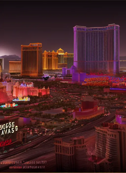 Image similar to realistic matte painting, full length portrait, duchess of blood, night shot of las vegas in background, highly detailed, CGsociety, subtle, concept art, HDR, hyper realistic, volumetric lighting, subsurface scattering, unreal