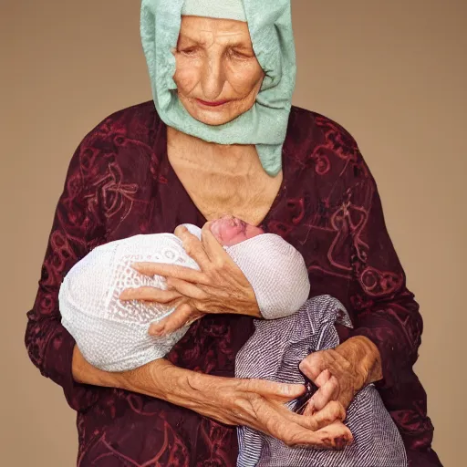 Image similar to 80 year old sentimental Mediterranean skinned woman in ancient Canaanite clothing holding a newborn baby, in the style of Corporate Memphis Alegria style