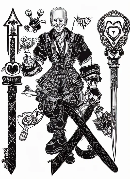 Prompt: joe biden as a kingdom hearts keyblade villain, official square enix hand painted inked artwork, intricate design, high definition, delicate patterned, fantasy, fashionable rpg clothing