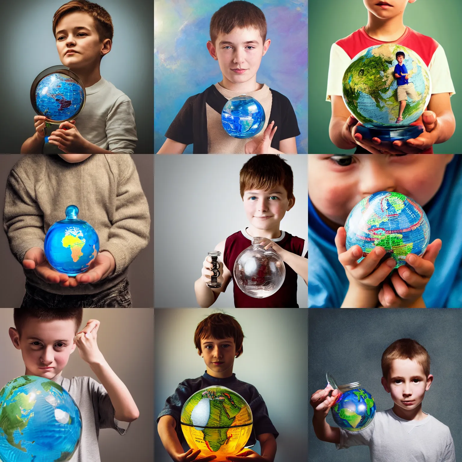 Prompt: a boy holding a glass jar with a globe in it, a photorealistic painting by eszter mattioni, pixabay contest winner, ecological art, global illumination, studio photography, studio portrait